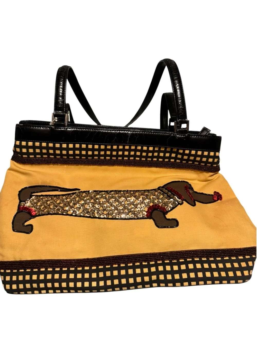VANI Dachshund Dog Sequin Handbag Yellow Black Novelty Purse Tote Y2K Shoulder
